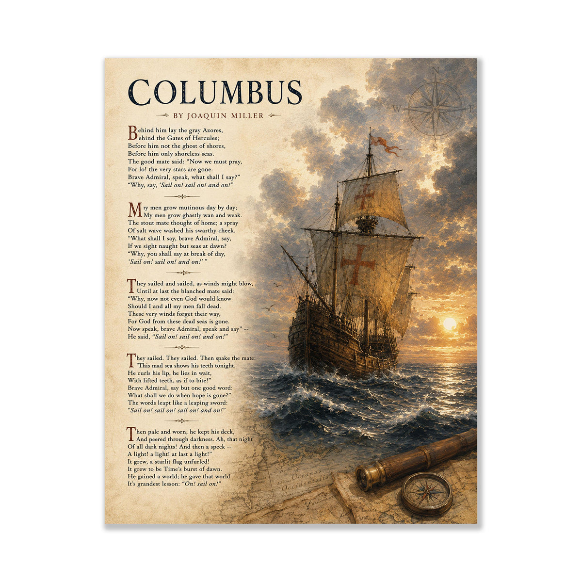Columbus Poem Art Print by Joaquin Miller, Sail On Literary Wall Art, Christopher Columbus Ship Print, Nautical Poetry Decor