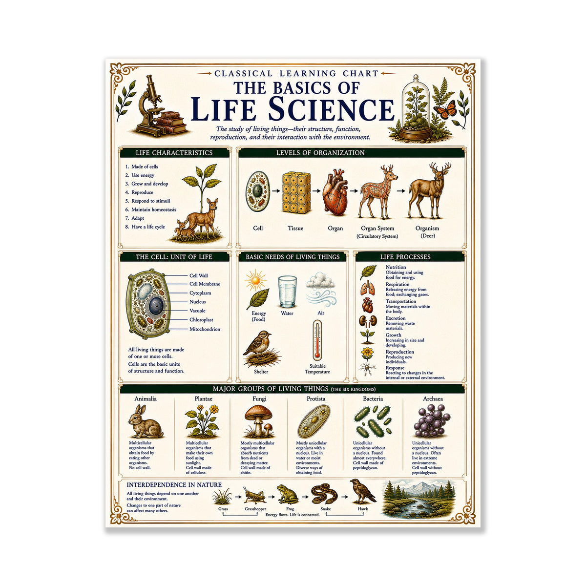 Life Science Biology Chart Wall Art Print, Classical Learning Poster, Teacher Classroom Reference, Homeschool, Science Room Decor