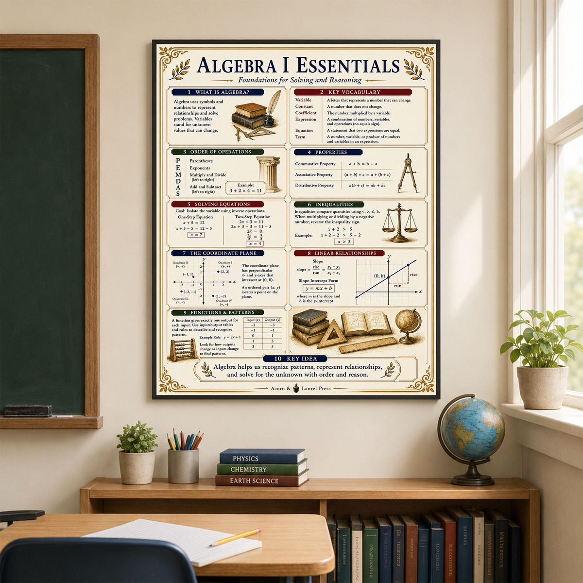 Algebra I Math Essentials Wall Art Print, Classical Learning Chart Poster, Educational, Homeschool Classroom, Study Home Room Decor