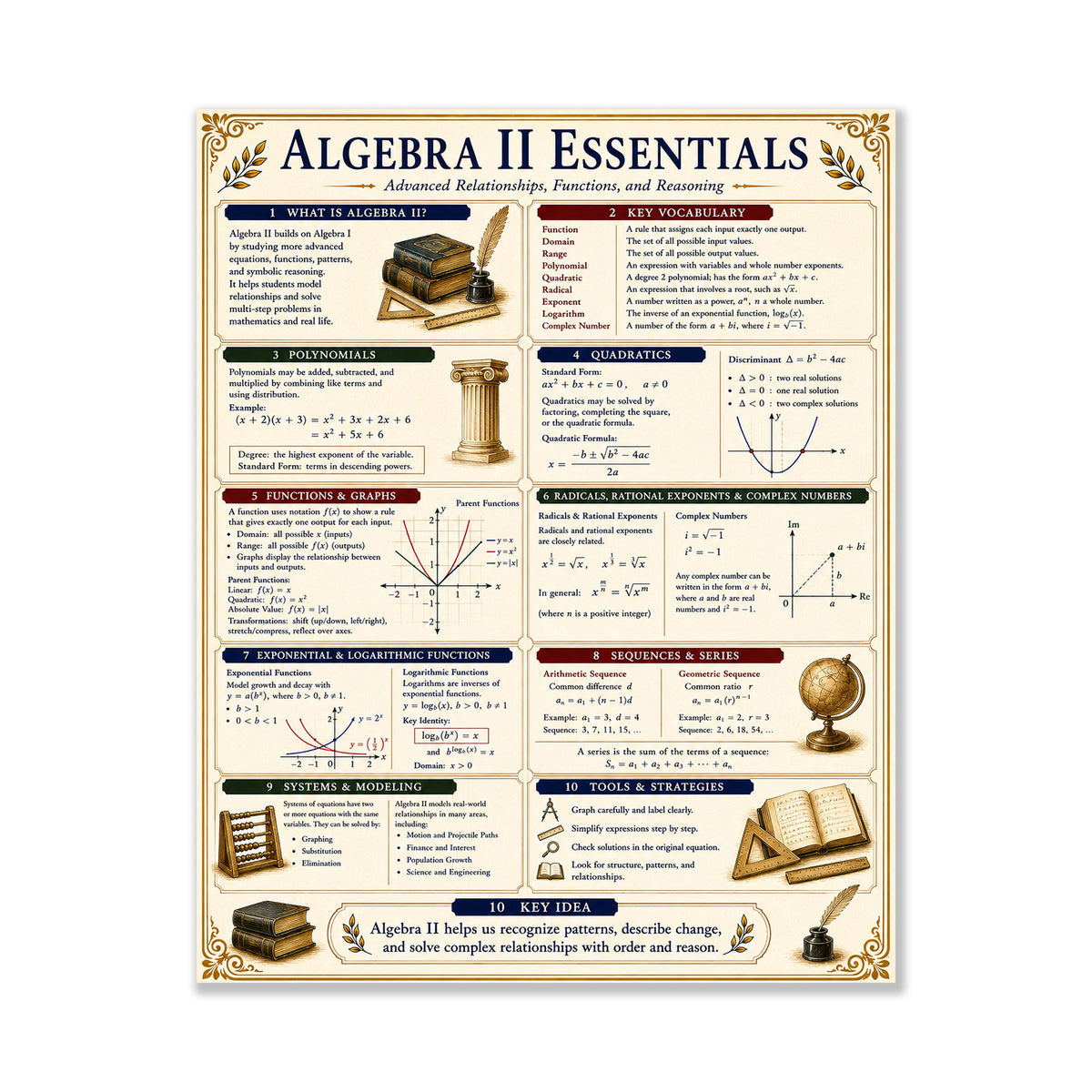 Algebra 2 Math Essentials Wall Art Print, Classical Learning Chart Poster, Educational, Homeschool Classroom, Study Home Room Decor