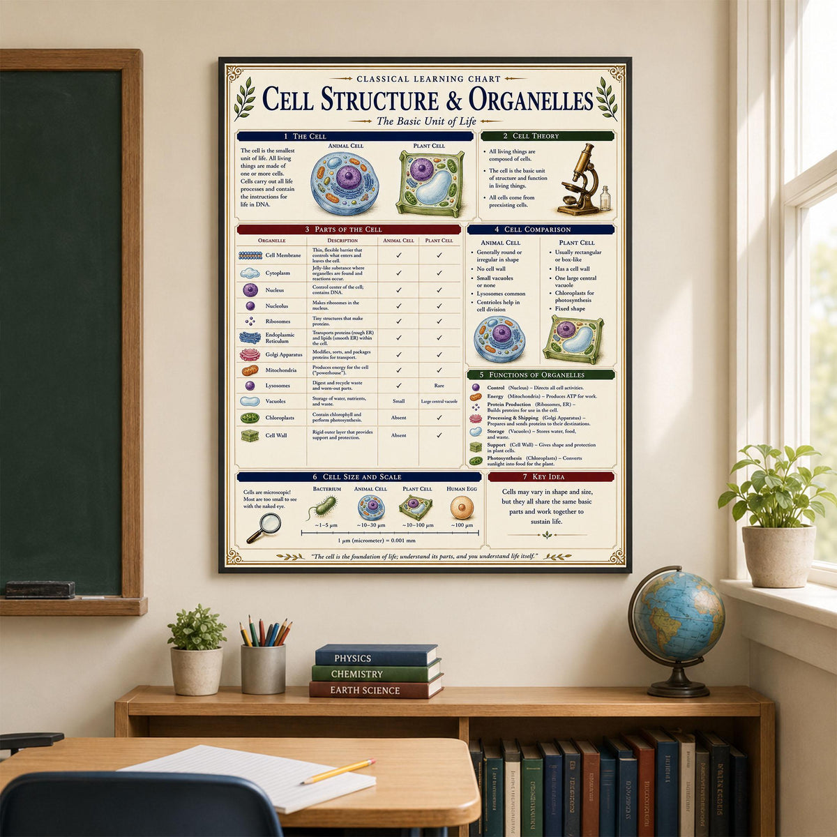 Cell Structure Biology Chart Wall Art Print, Classical Learning Poster, Teacher Classroom Reference, Homeschool, Science Room Decor