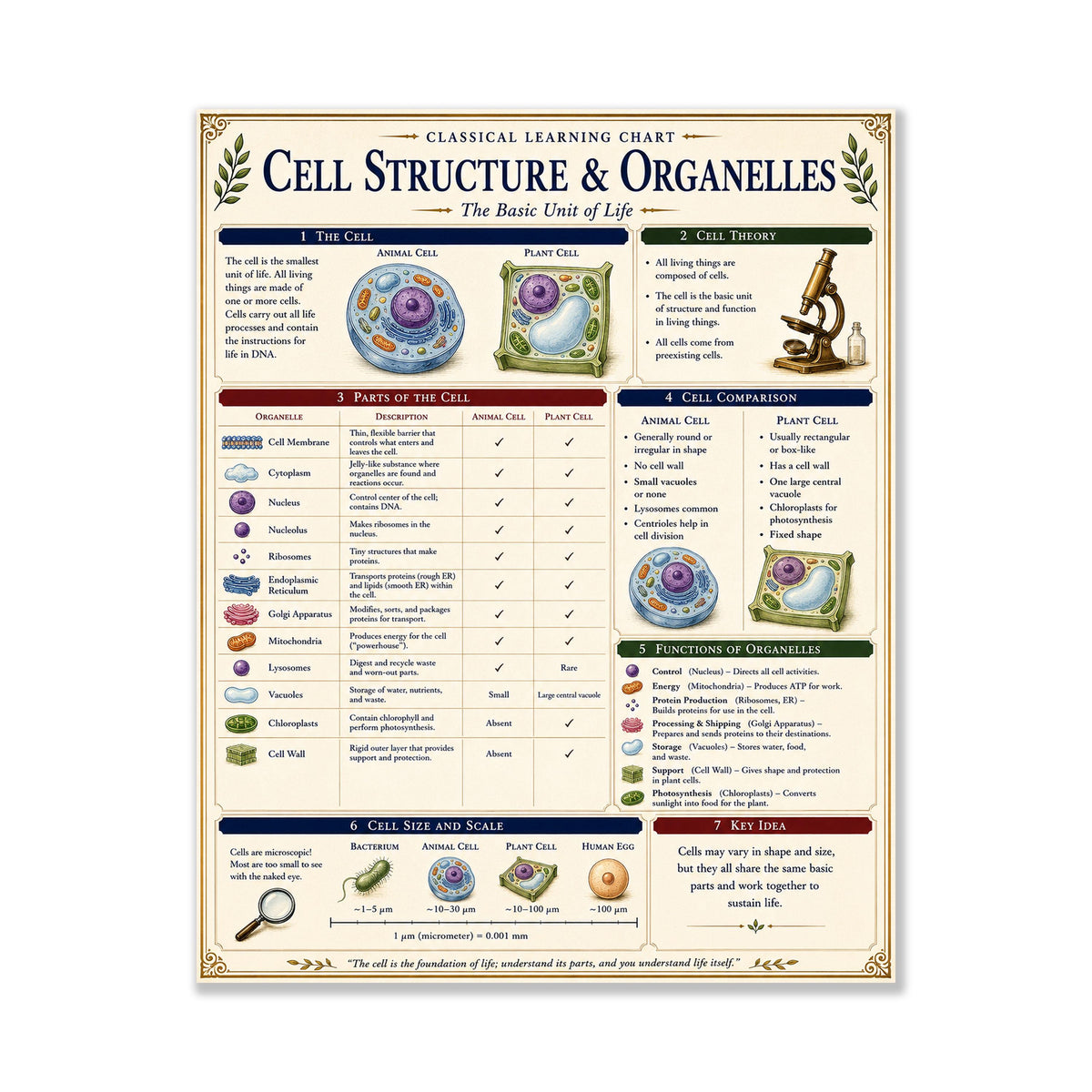 Cell Structure Biology Chart Wall Art Print, Classical Learning Poster, Teacher Classroom Reference, Homeschool, Science Room Decor