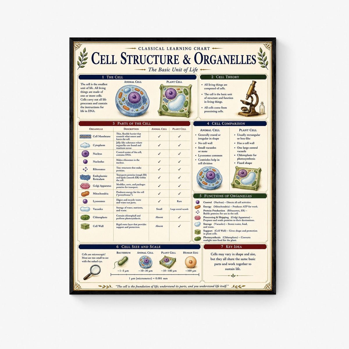 Cell Structure Biology Chart Wall Art Print, Classical Learning Poster, Teacher Classroom Reference, Homeschool, Science Room Decor