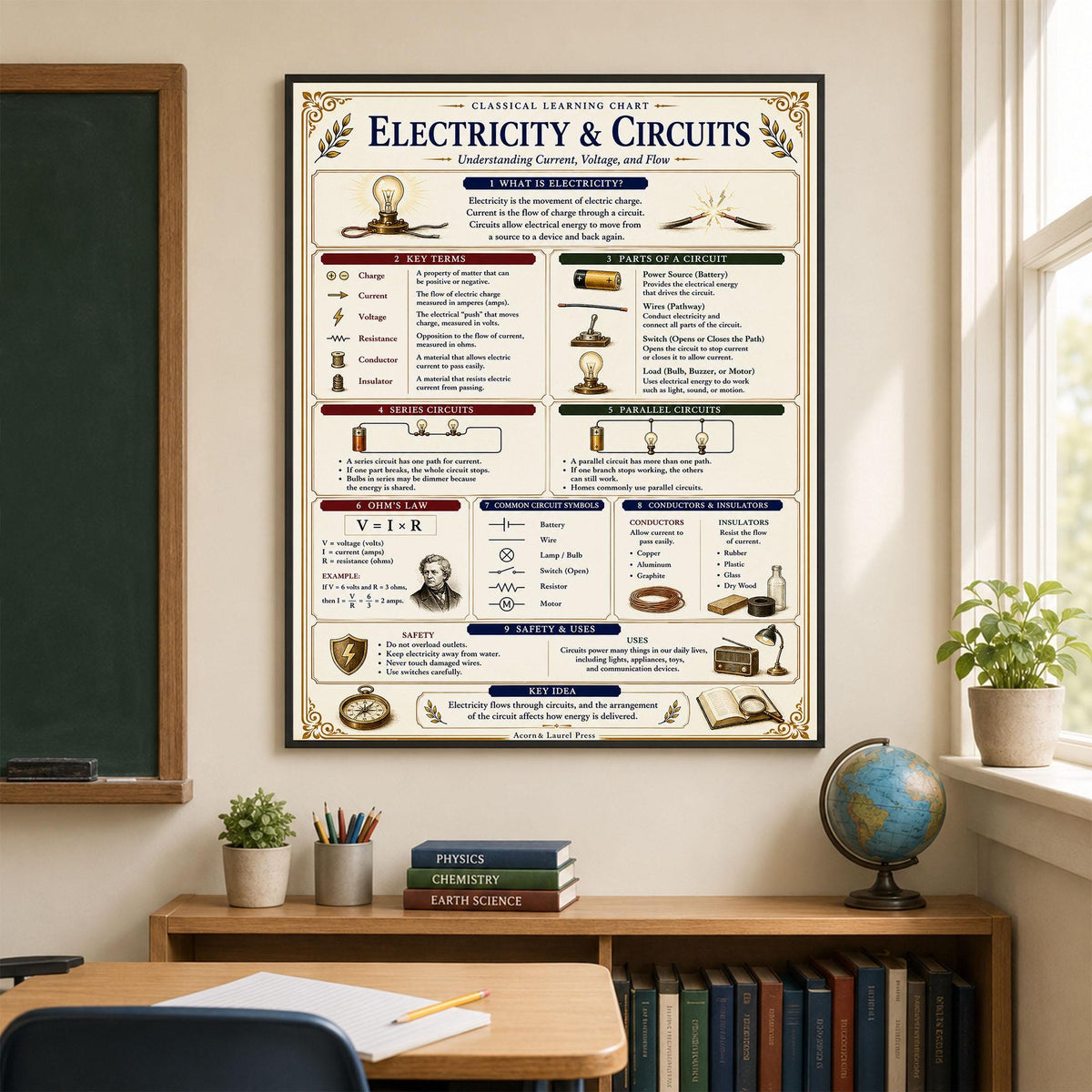 Electricity & Circuits Chart Wall Art Print, Classical Learning Poster, Teacher Classroom Reference, Homeschool, Physics Science Room Decor
