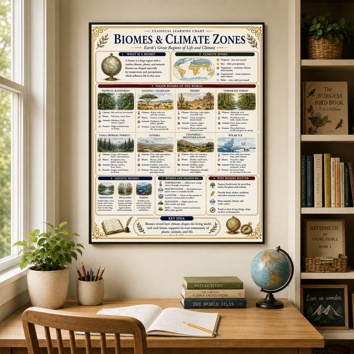 Biomes and Climates Chart Wall Art Print, Classical Learning Poster, Science Teacher Classroom Reference, Homeschool, Study Room Decor