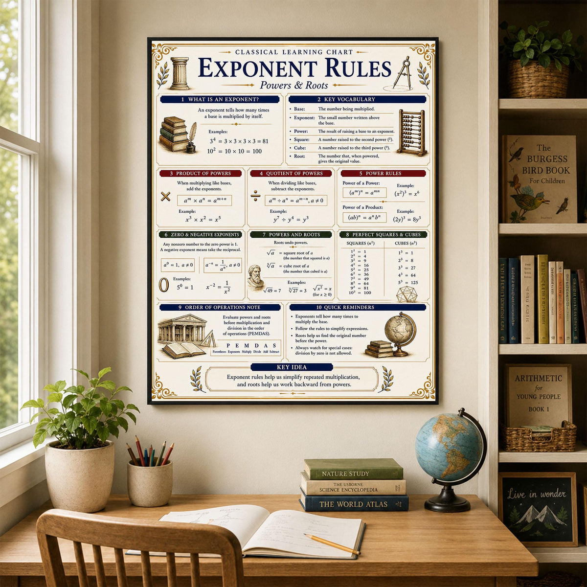 Exponent Rules Math Wall Art Print, Classical Learning Chart Poster, Educational, Homeschool Classroom, Study Home Room Decor
