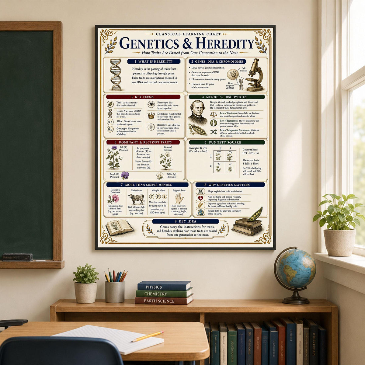 Genetics Heredity Chart Wall Art Print, Classical Learning Poster, Science Teacher Classroom Reference, Homeschool, Study Room Decor