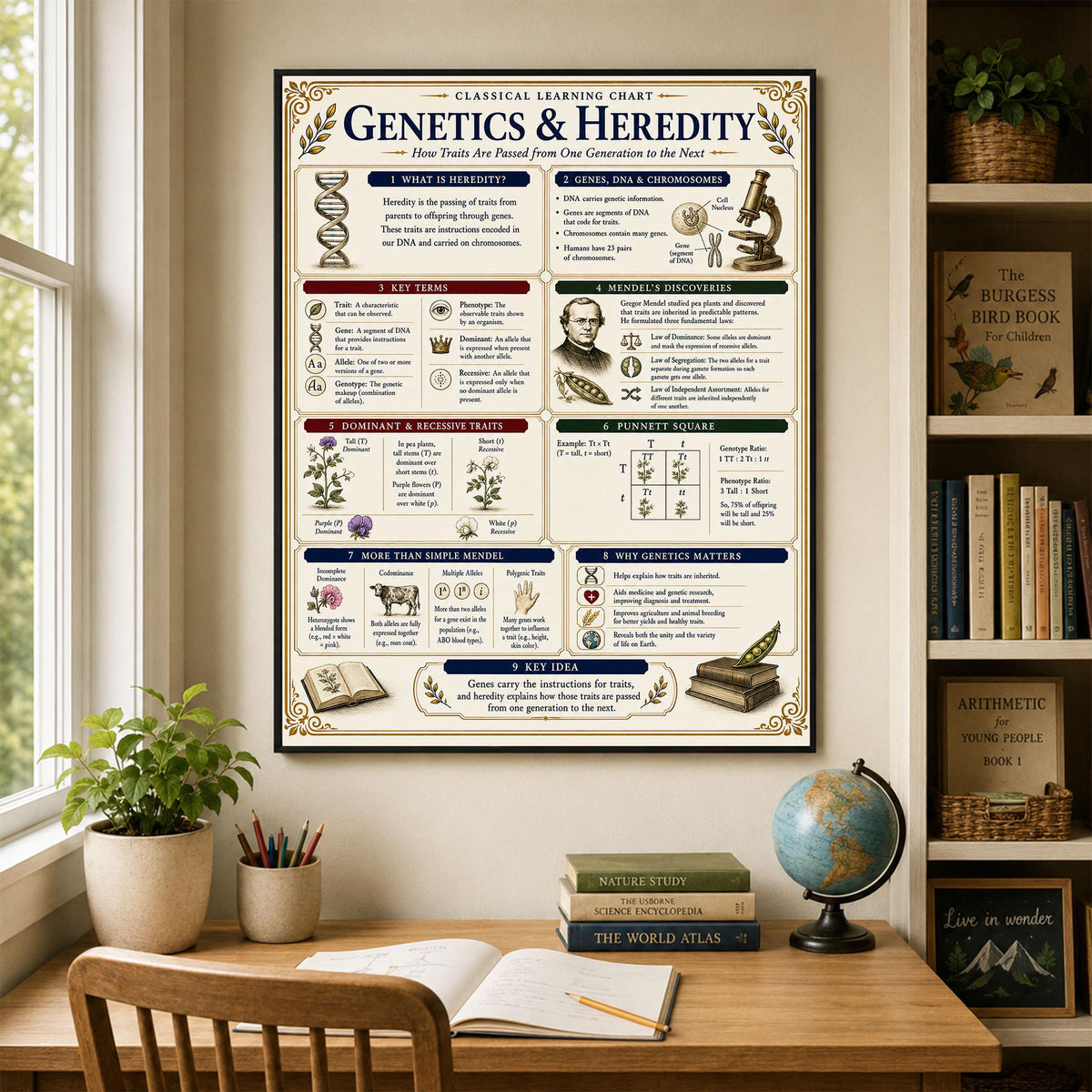 Genetics Heredity Chart Wall Art Print, Classical Learning Poster, Science Teacher Classroom Reference, Homeschool, Study Room Decor