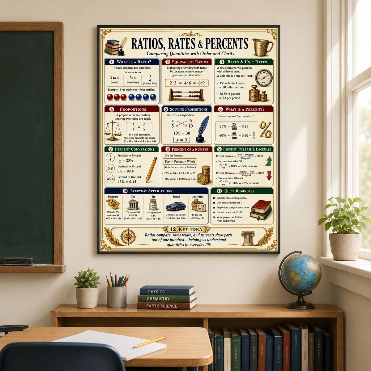 Ratio Rates Percents Math Wall Art Print, Classical Learning Chart Poster, Educational, Homeschool Classroom, Study Home Room Decor