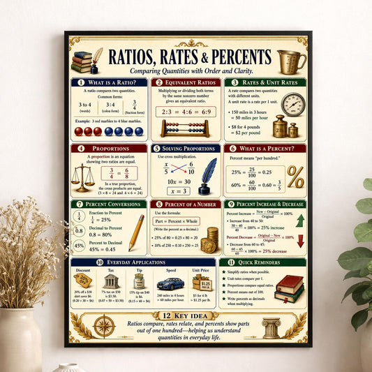 Ratio Rates Percents Math Wall Art Print, Classical Learning Chart Poster, Educational, Homeschool Classroom, Study Home Room Decor