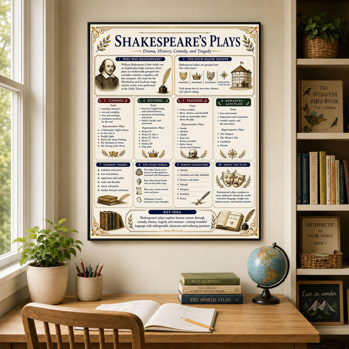 Shakespeare's Plays Chart Wall Art Print, Classical Learning Poster, Teacher Classroom Reference, Homeschool, Literary Study Room Decor