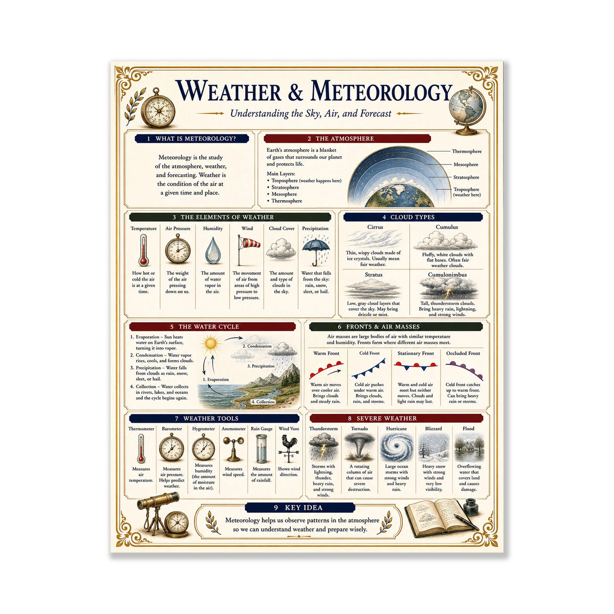 Weather and Meteorology Chart Wall Art Print, Classical Learning Poster, Science Teacher Classroom Reference, Homeschool, Study Room Decor