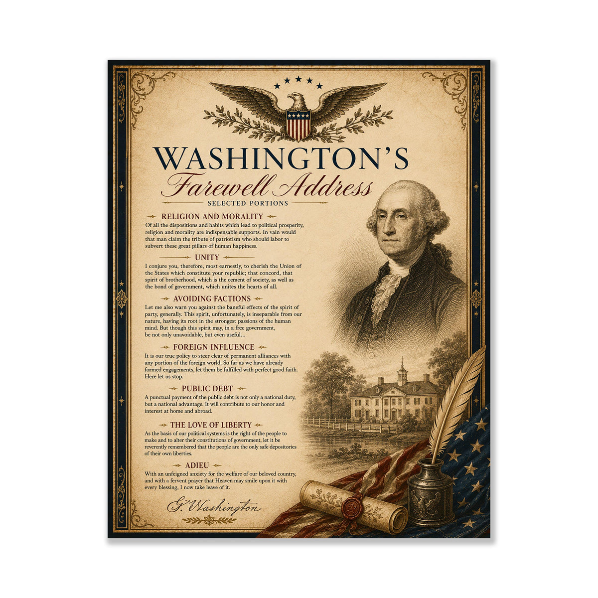 George Washington's Farewell Address Wall Art Print | Historical Americana | Vintage Home Decor