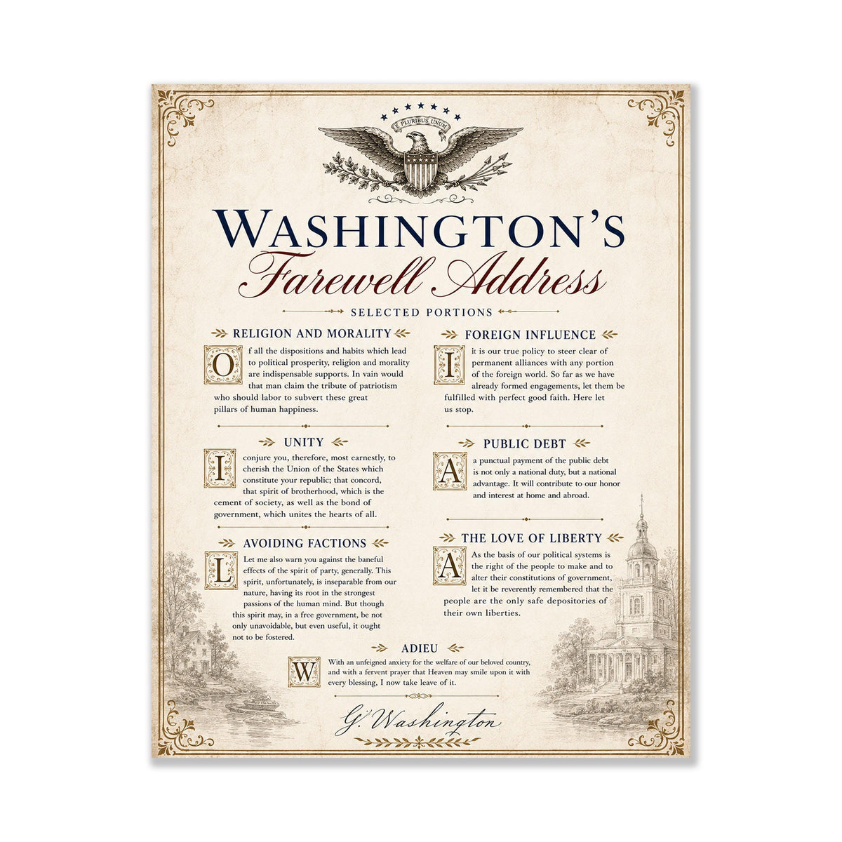 George Washington's Farewell Address Wall Art Print | Americana History | Beige Home Decor
