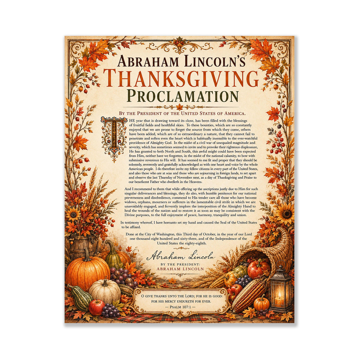 Abraham Lincoln Thanksgiving Proclamation Art Print | Autumn History Quote | Home Decor