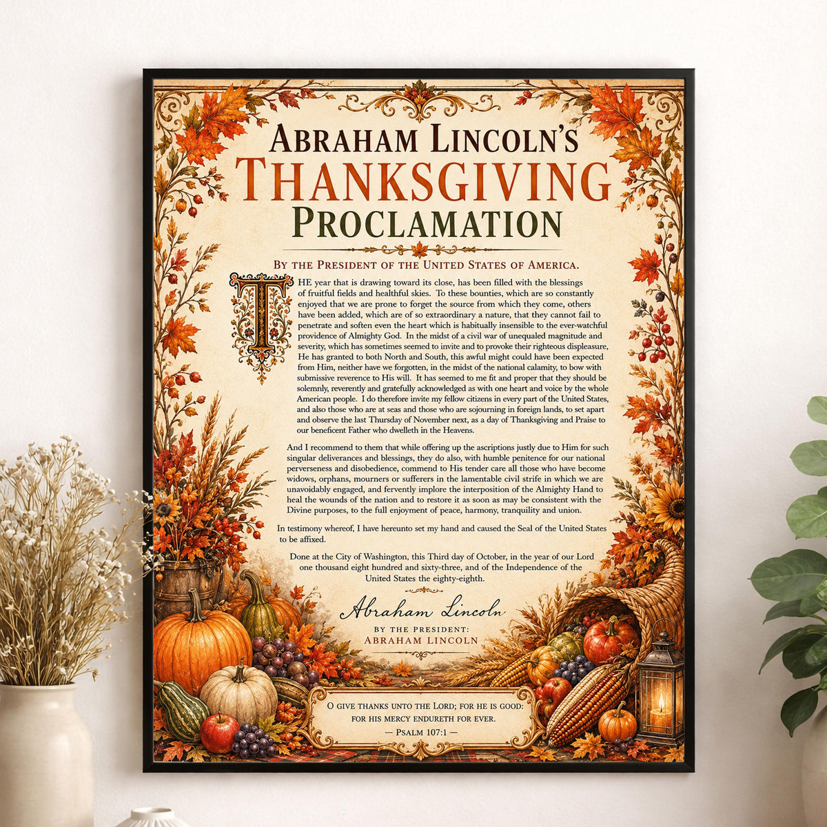 Abraham Lincoln Thanksgiving Proclamation Art Print | Autumn History Quote | Home Decor