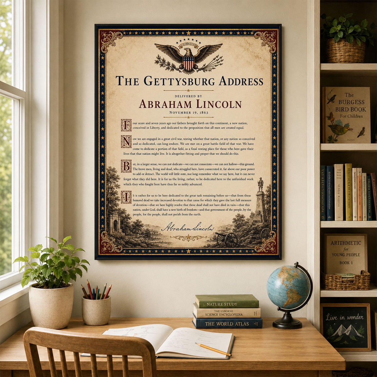 Gettysburg Address Wall Art Print | Abraham Lincoln | American Civil War | History Patriotic Beige Home Decor