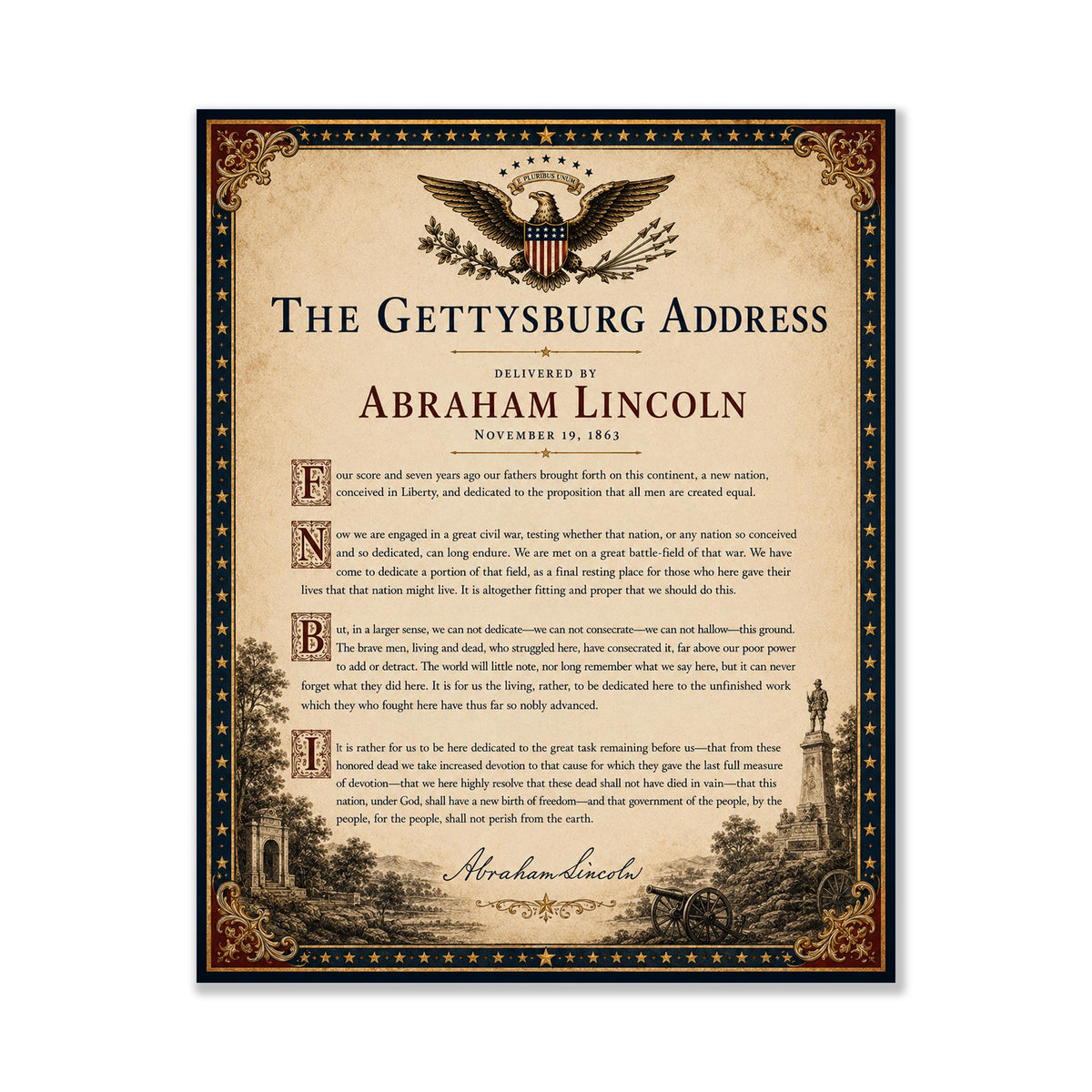 Gettysburg Address Wall Art Print | Abraham Lincoln | American Civil War | History Patriotic Beige Home Decor