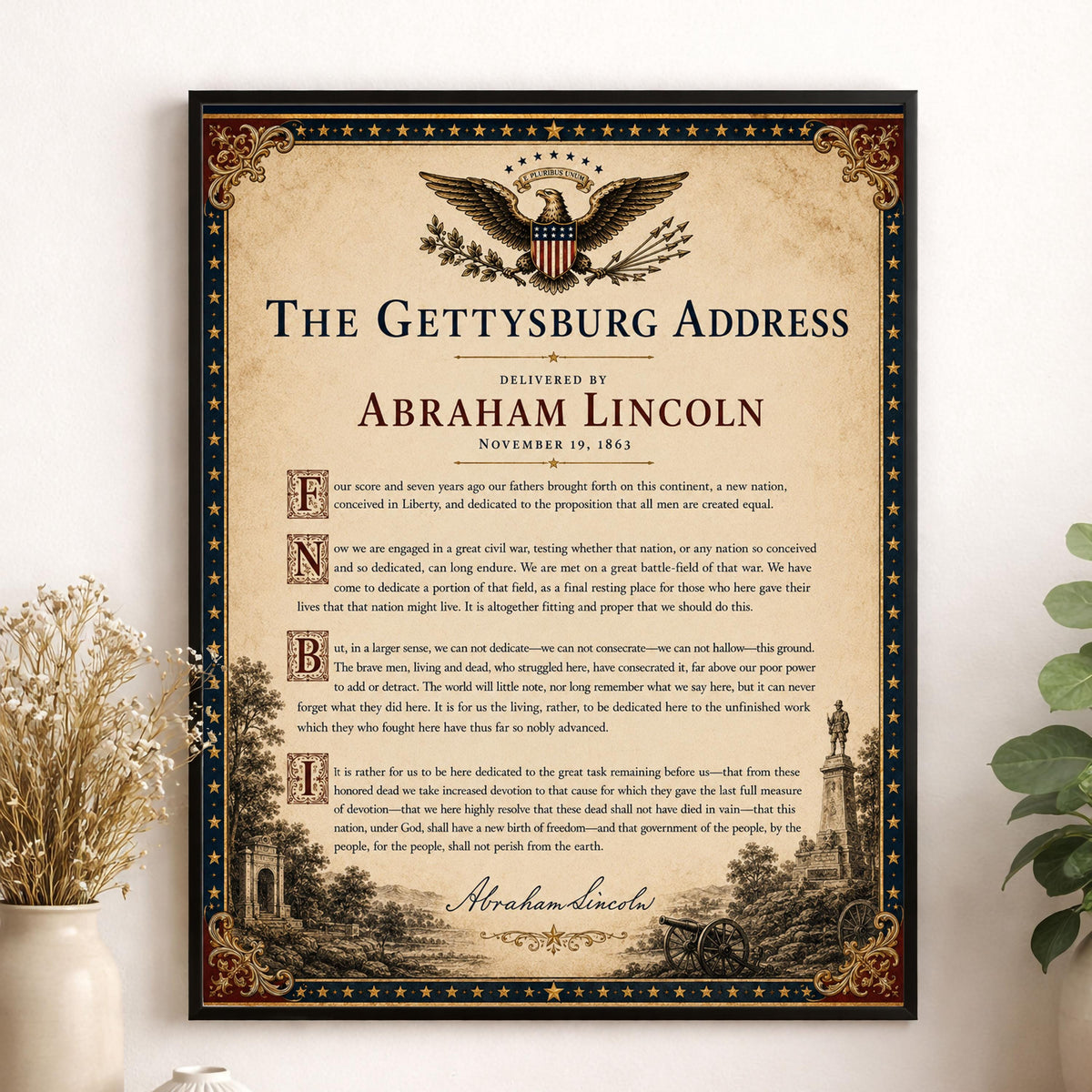 Gettysburg Address Wall Art Print | Abraham Lincoln | American Civil War | History Patriotic Beige Home Decor