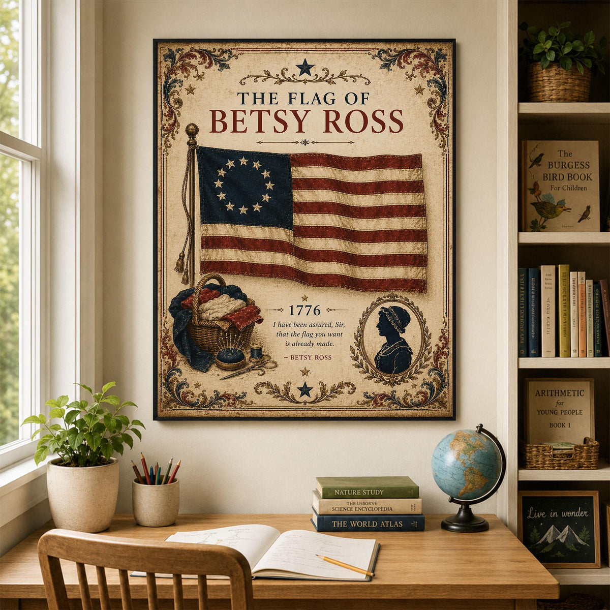1776 Thirteen-Star American Flag Print, Betsy Ross Inspired, Vintage Patriotic Art