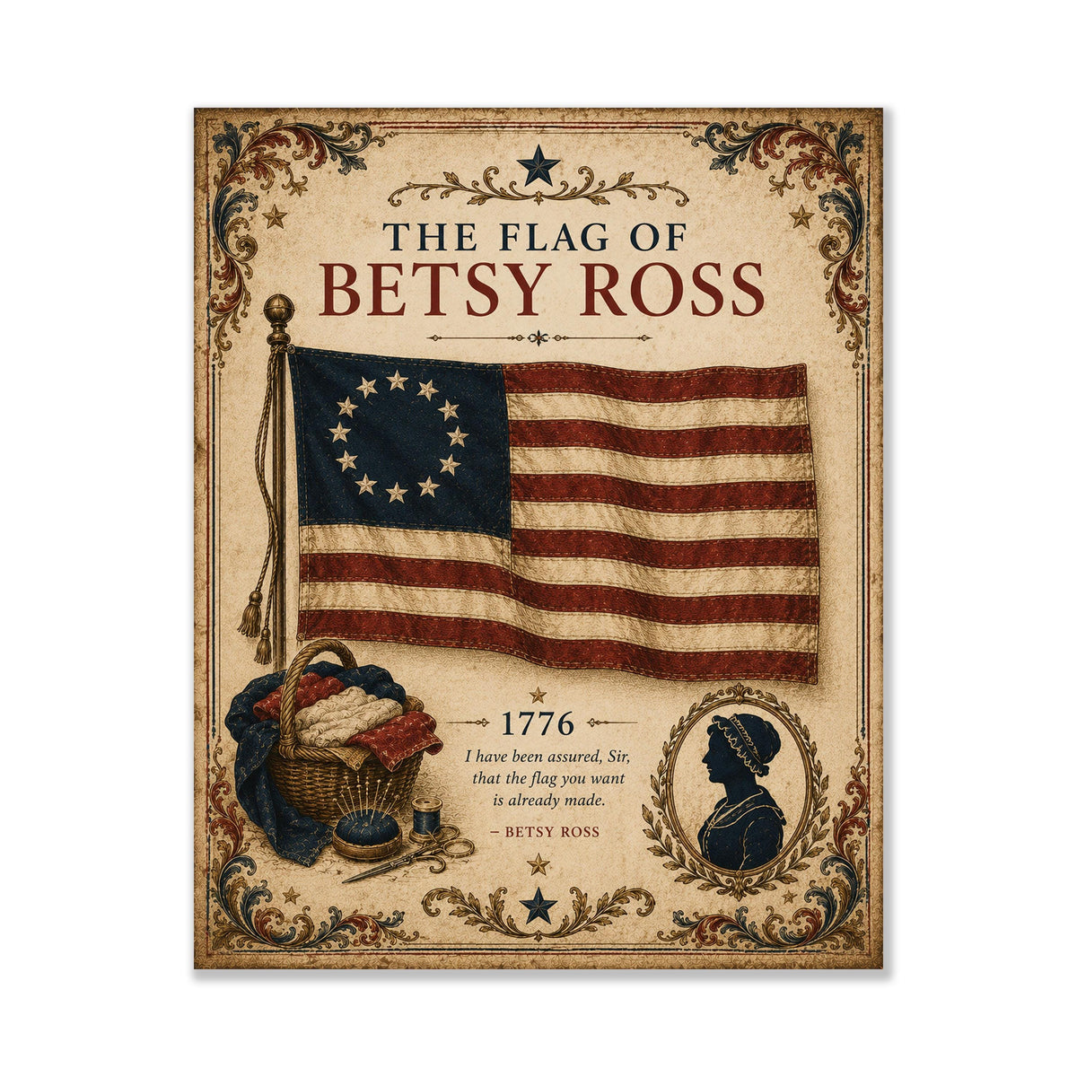 1776 Thirteen-Star American Flag Print, Betsy Ross Inspired, Vintage Patriotic Art