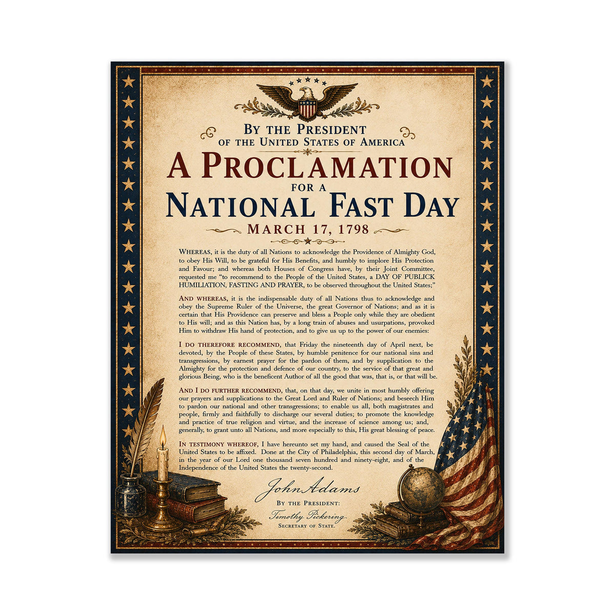 National Fast Day Art Print | 1798 John Adams Quote | American History | USA Home Decor