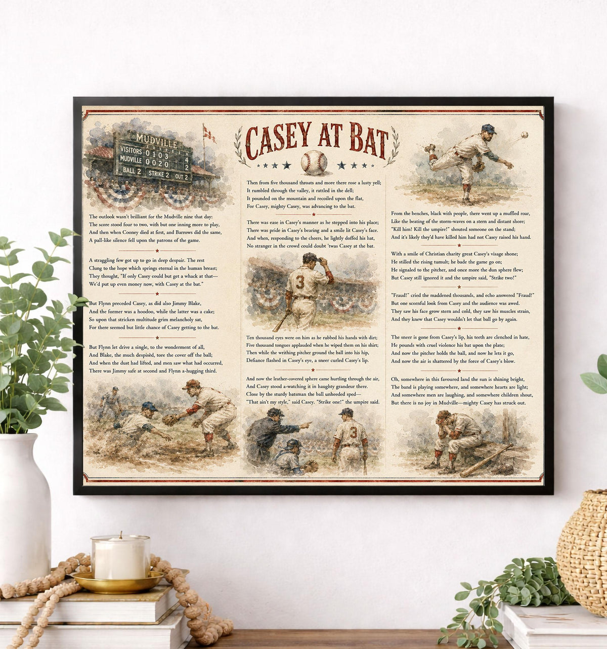 Casey at the Bat Art Print, Vintage Baseball Poem Home Decor, Ernest Lawrence Thayer Sports Poster