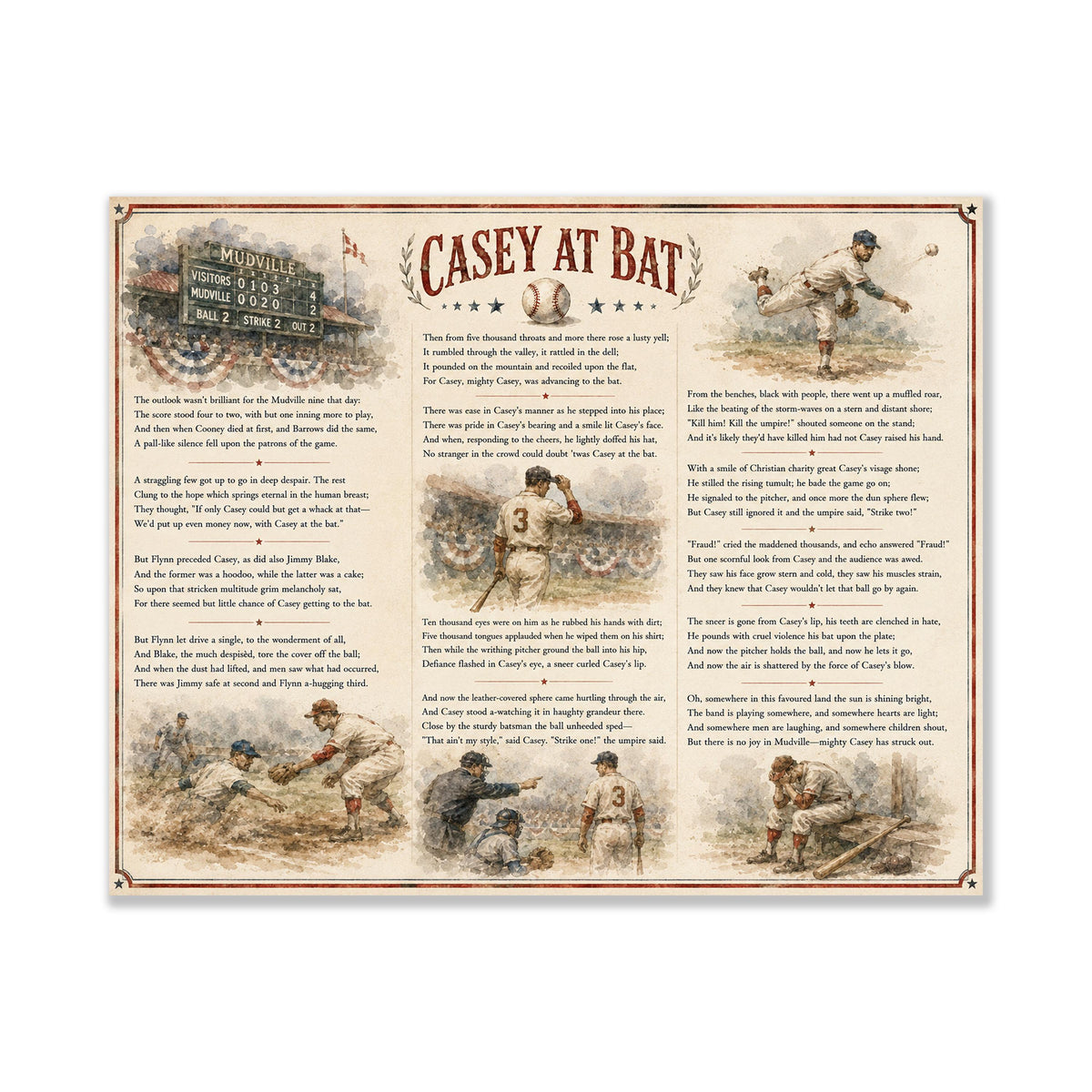 Casey at the Bat Art Print, Vintage Baseball Poem Home Decor, Ernest Lawrence Thayer Sports Poster
