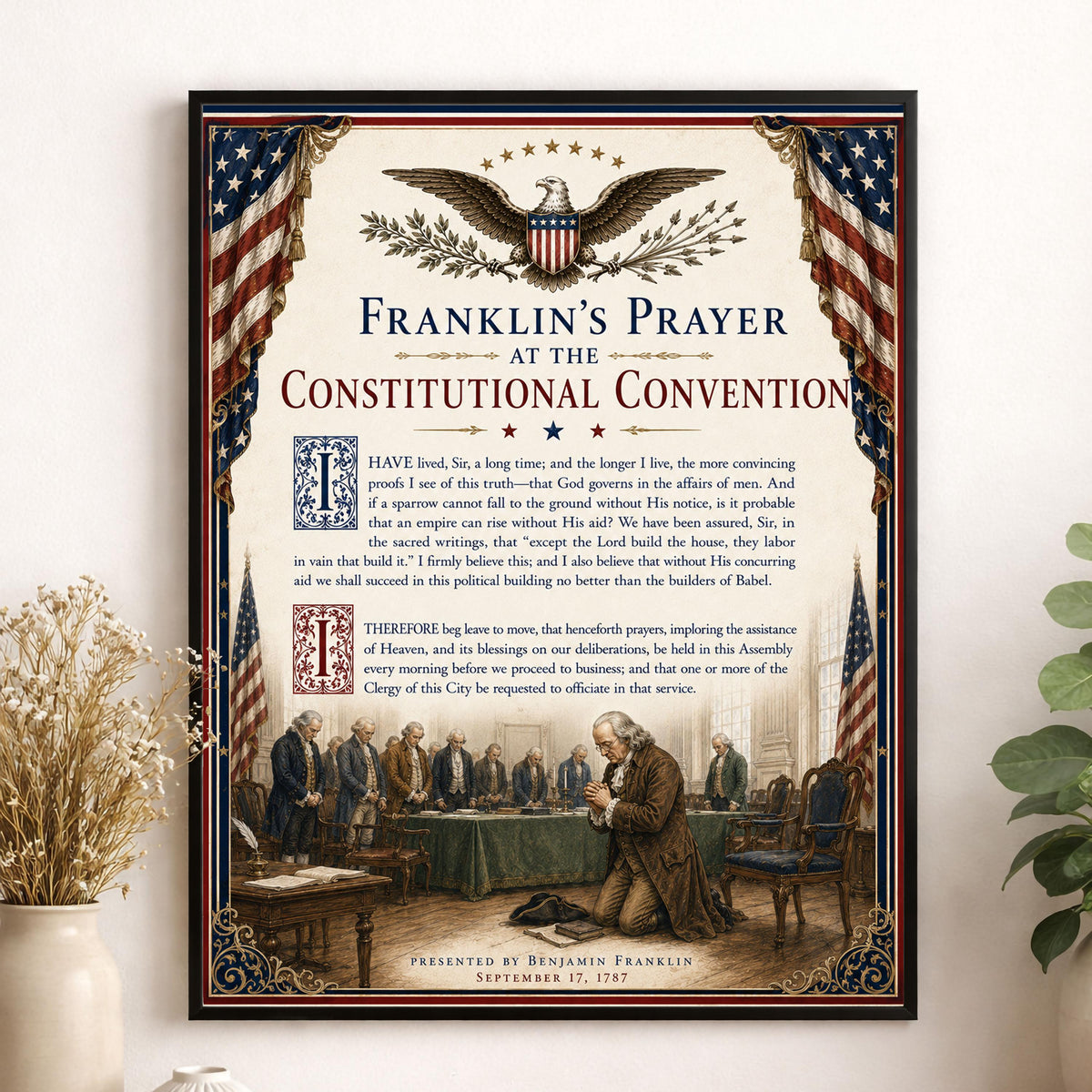 Benjamin Franklin Prayer Art Print | 1787 Constitutional Convention | American History | USA Home Decor
