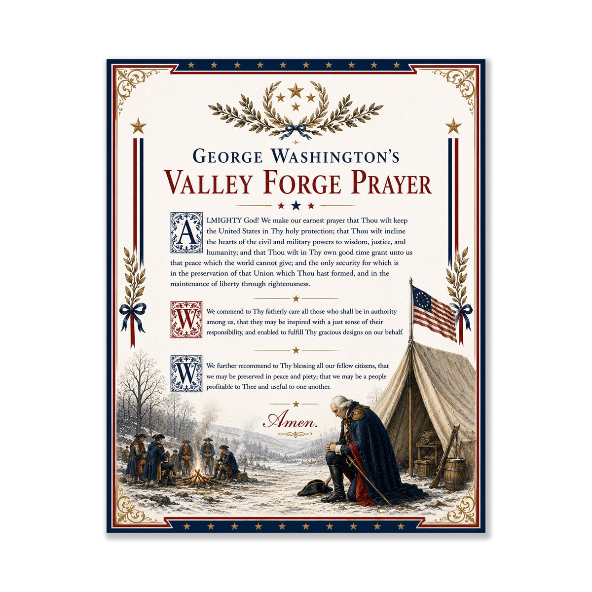 George Washington Prayer Art Print | Valley Forge | American Christian History | USA Home Decor