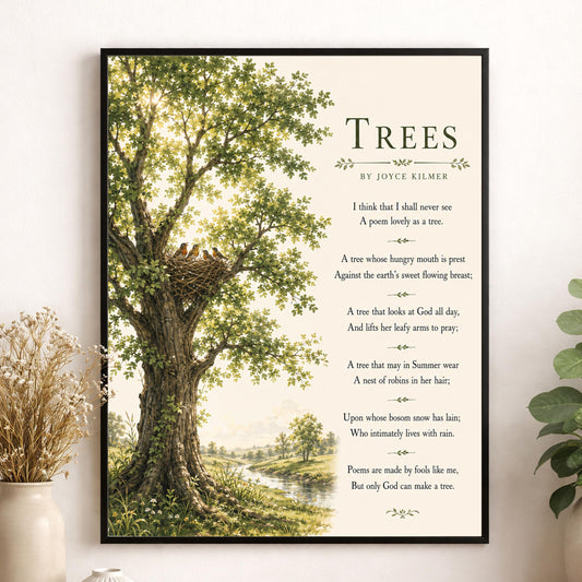 Trees Wall Art Print | Only God Can Make A Tree | Joyce Kilmer Poem | Botanical Landscape | Literary | Inspirational Home Decor
