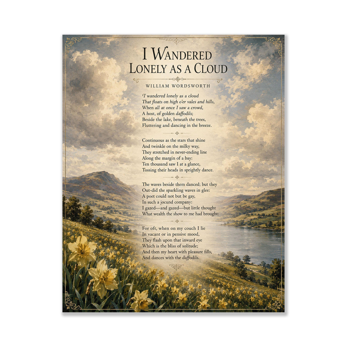 I Wandered Lonely As A Cloud Wall Art Print | William Wordsworth Poem | Botanical Landscape | Literary | Inspirational Home Decor
