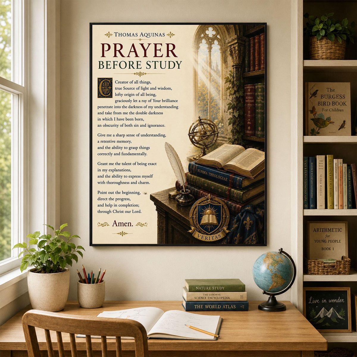 Thomas Aquinas Prayer Before Study Print, Catholic Wall Art, Christian Prayer Poster for Students, Homeschool or Office