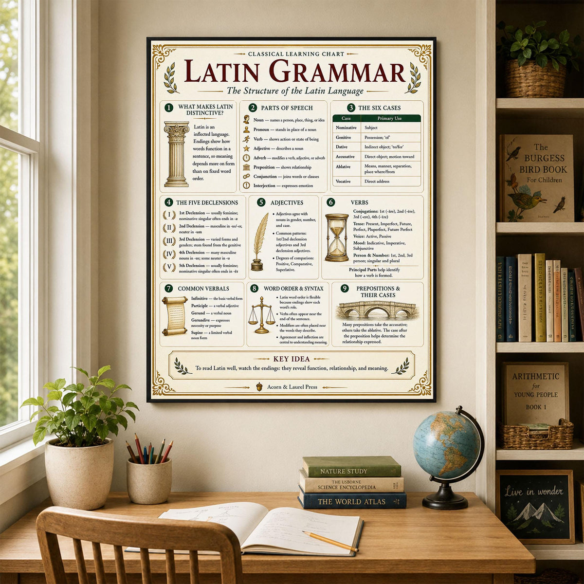 Latin Grammar Chart Wall Art Print, Classical Learning Poster, Latin Case Endings Reference, Homeschool, Study Room Decor