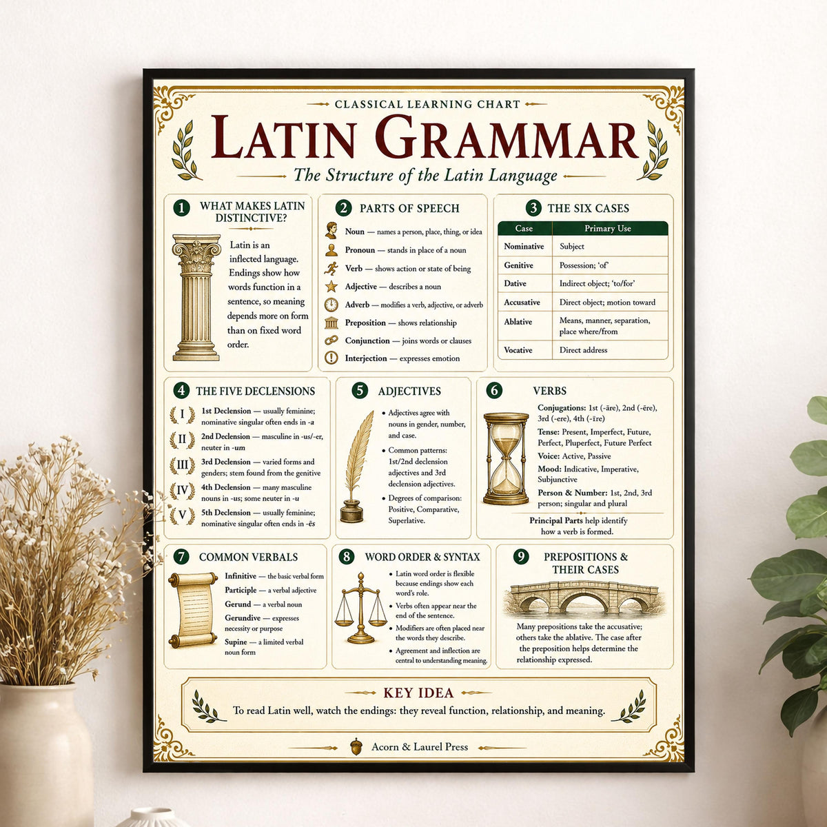 Latin Grammar Chart Wall Art Print, Classical Learning Poster, Latin Case Endings Reference, Homeschool, Study Room Decor