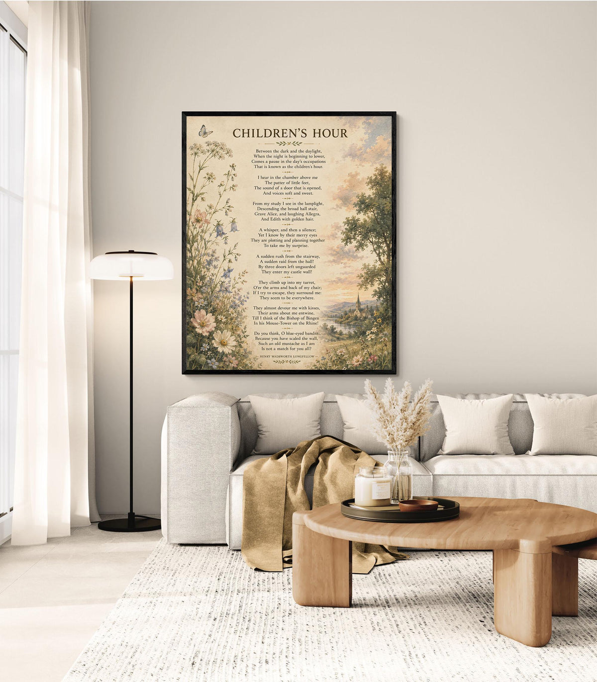 Children’s Hour Poem Art Print | Henry Wadsworth Longfellow | Literary Wall Home Decor | Vintage Floral Poetry