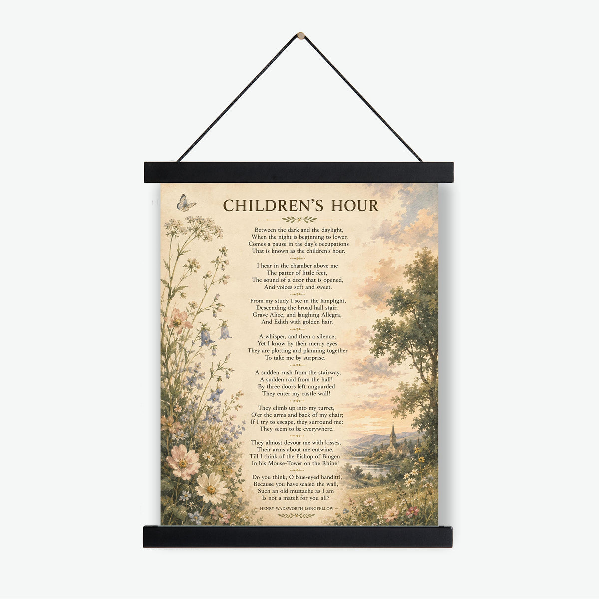 Children’s Hour Poem Art Print | Henry Wadsworth Longfellow | Literary Wall Home Decor | Vintage Floral Poetry