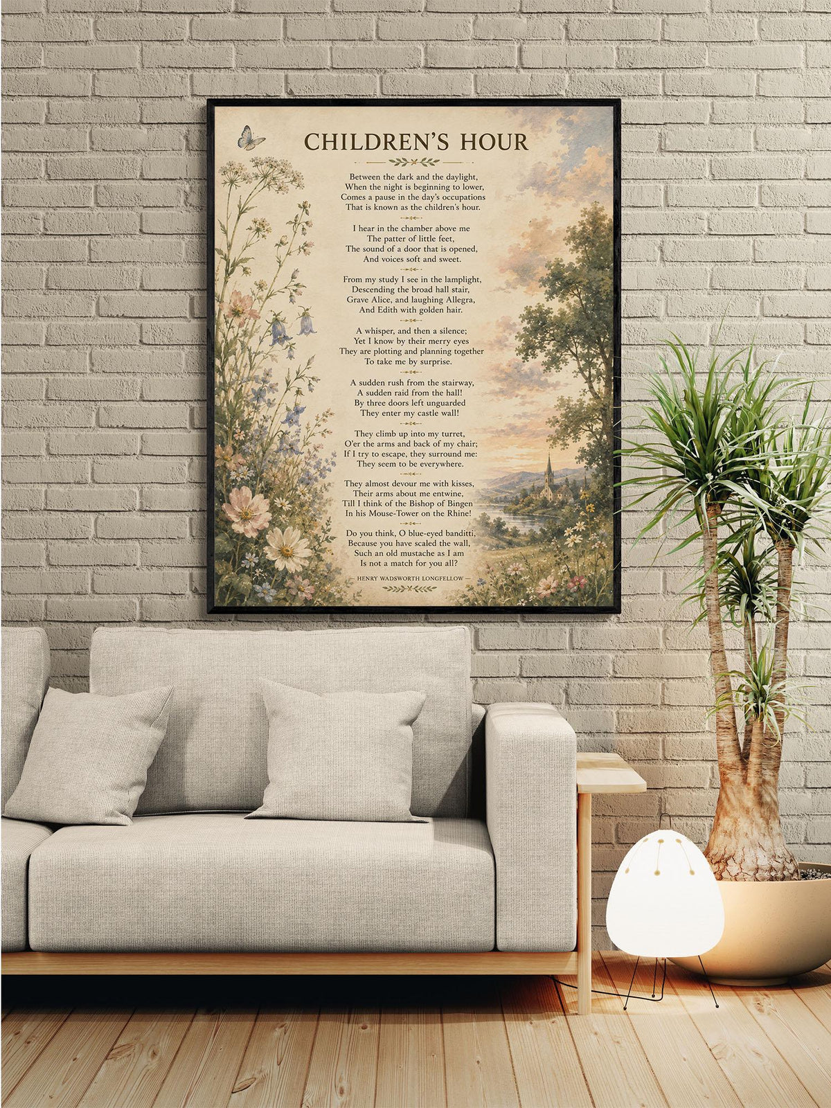Children’s Hour Poem Art Print | Henry Wadsworth Longfellow | Literary Wall Home Decor | Vintage Floral Poetry
