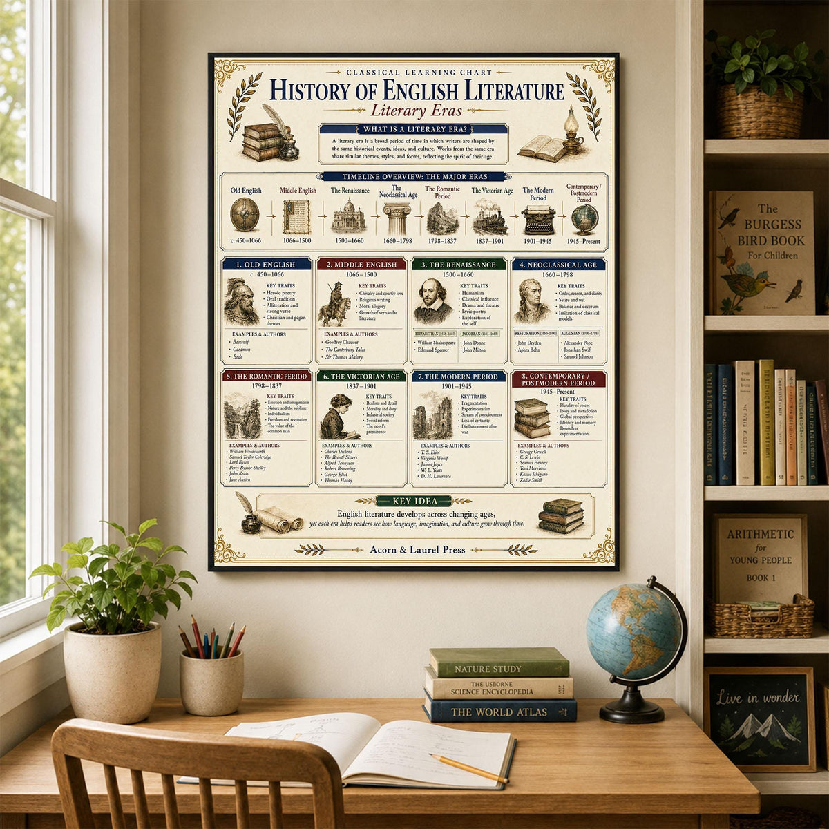 History of English Literature Chart Wall Art Print, Classical Learning Poster, Teacher Classroom Reference, Homeschool, Study Room Decor