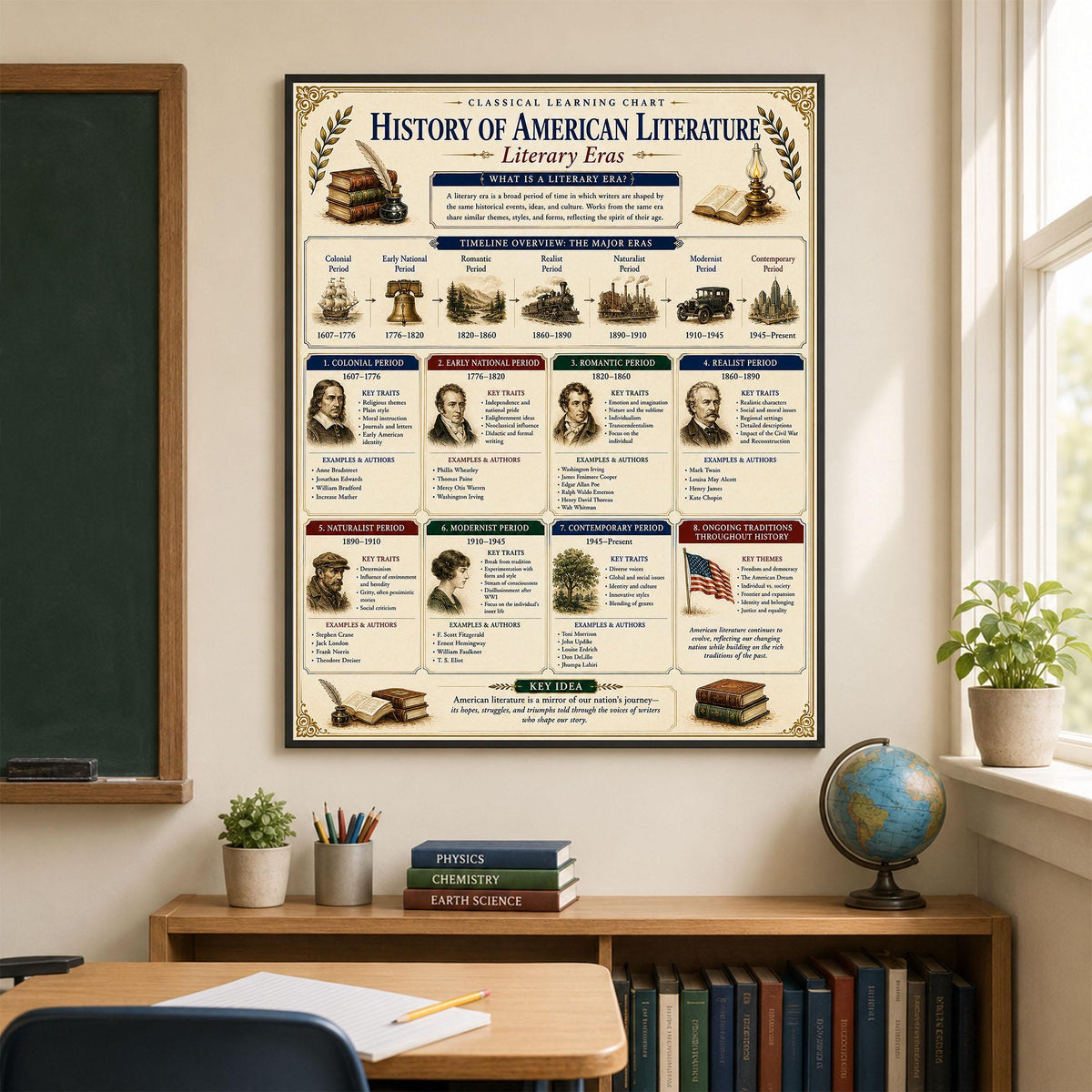 History of American Literature Chart Wall Art Print, Classical Learning Poster, Teacher Classroom Reference, Homeschool, Study Room Decor