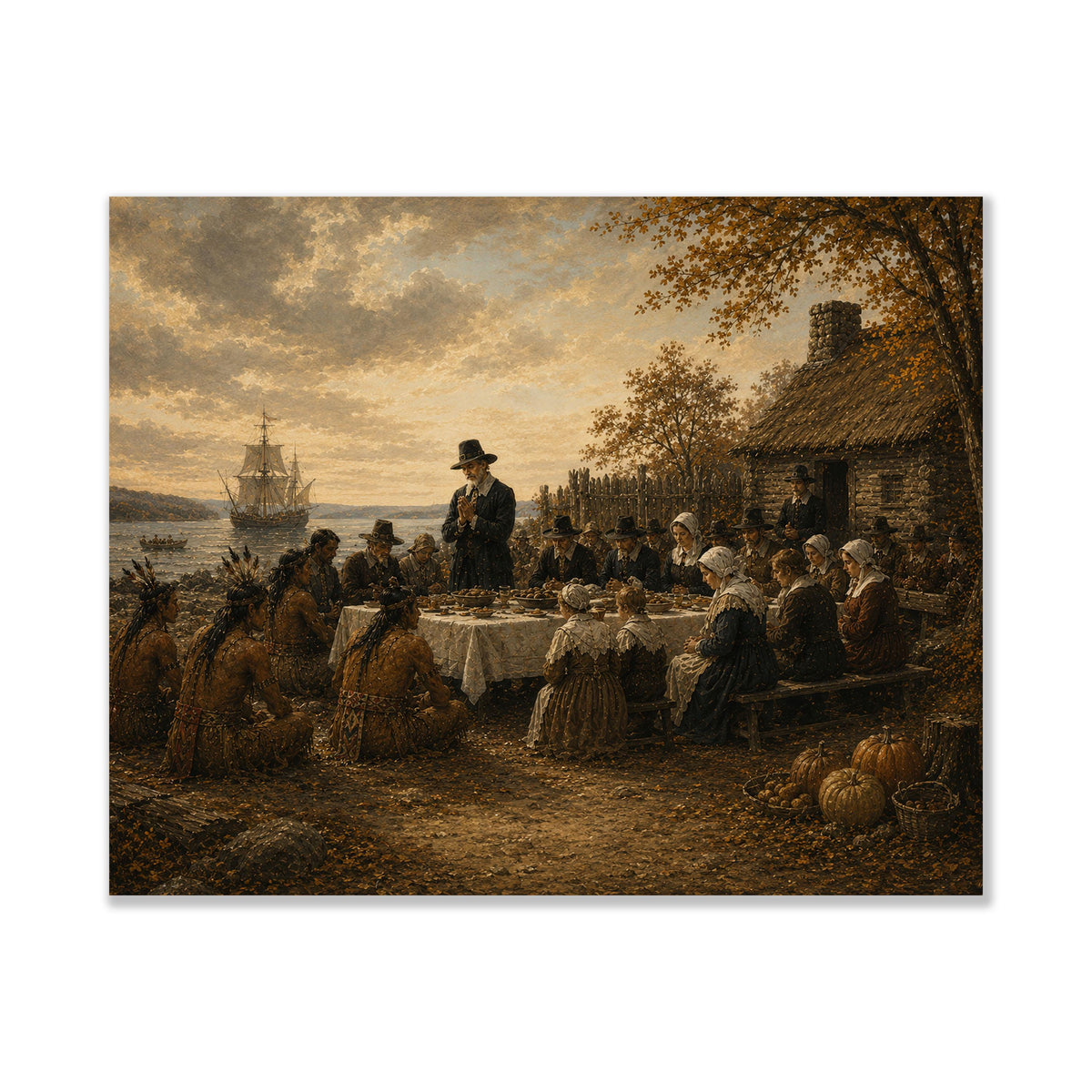 First Thanksgiving Art Print | Pilgrims And Native Americans | Autumn | Fall Home Decor