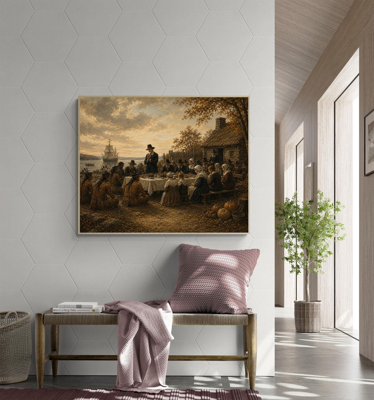First Thanksgiving Art Print | Pilgrims And Native Americans | Autumn | Fall Home Decor
