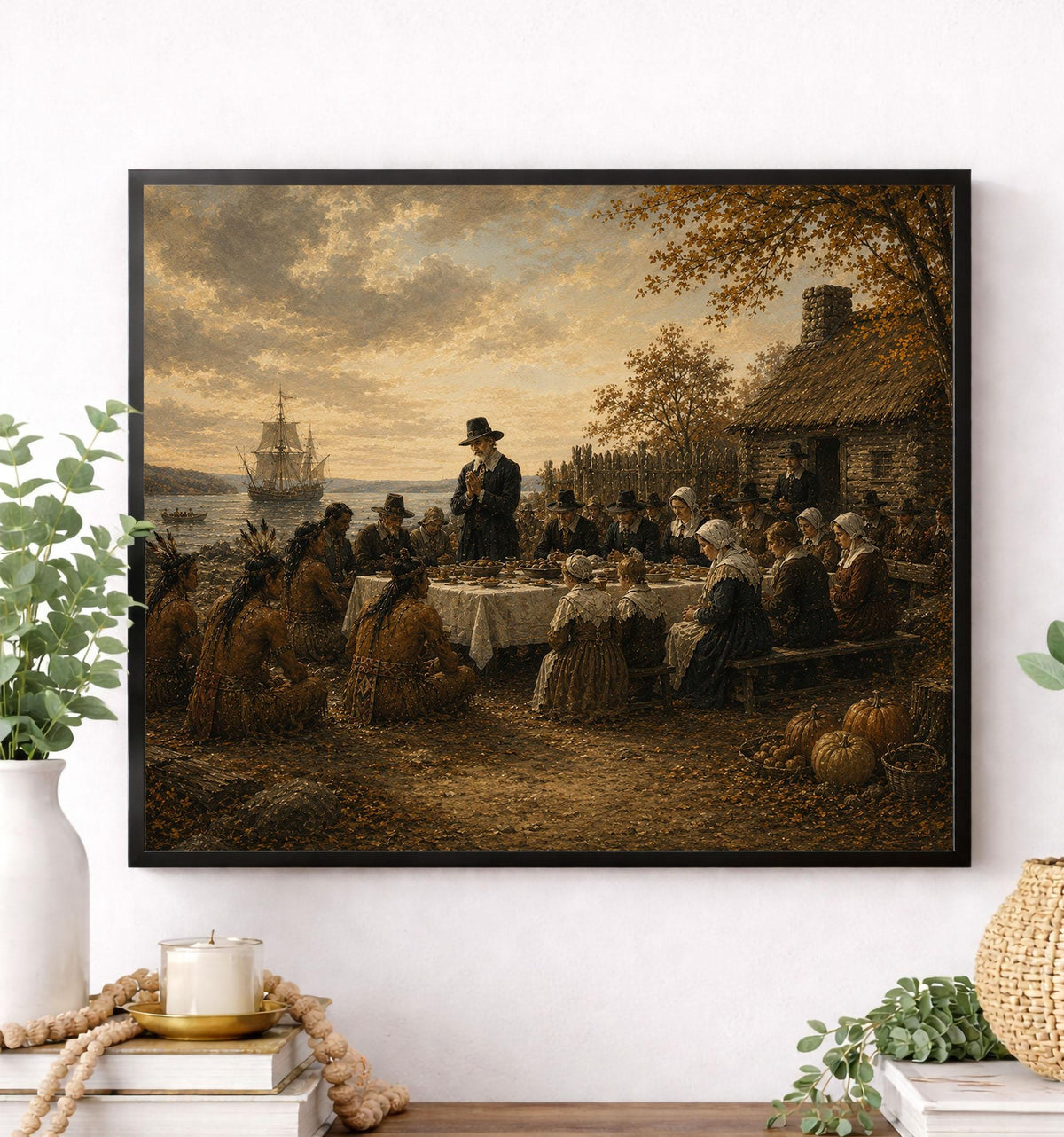 First Thanksgiving Art Print | Pilgrims And Native Americans | Autumn | Fall Home Decor