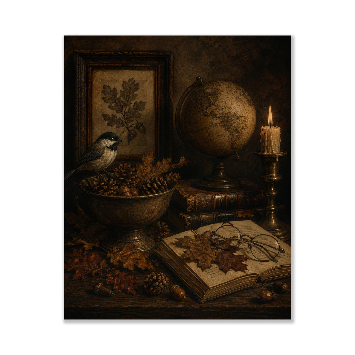 Dark Academia Fall Wall Art Print, Autumn Vintage Library, Botanical Bird, Home Decor