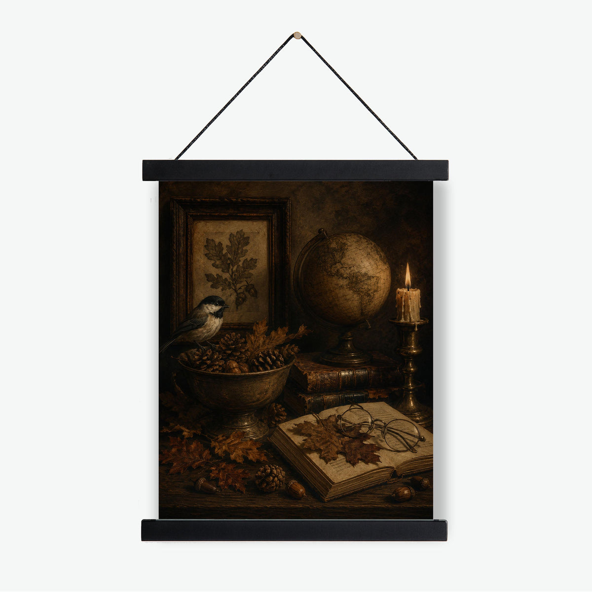 Dark Academia Fall Wall Art Print, Autumn Vintage Library, Botanical Bird, Home Decor