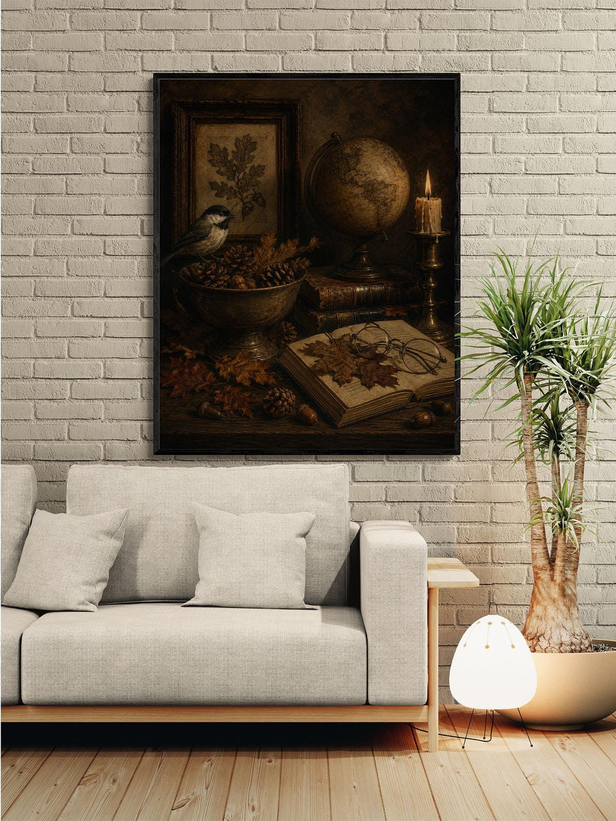 Dark Academia Fall Wall Art Print, Autumn Vintage Library, Botanical Bird, Home Decor