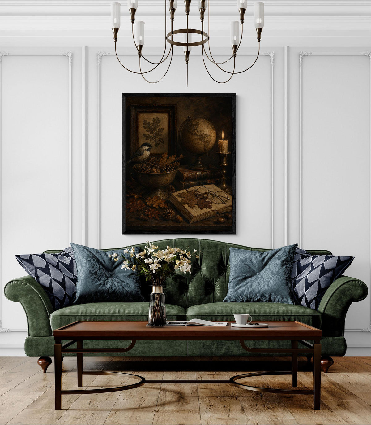 Dark Academia Fall Wall Art Print, Autumn Vintage Library, Botanical Bird, Home Decor