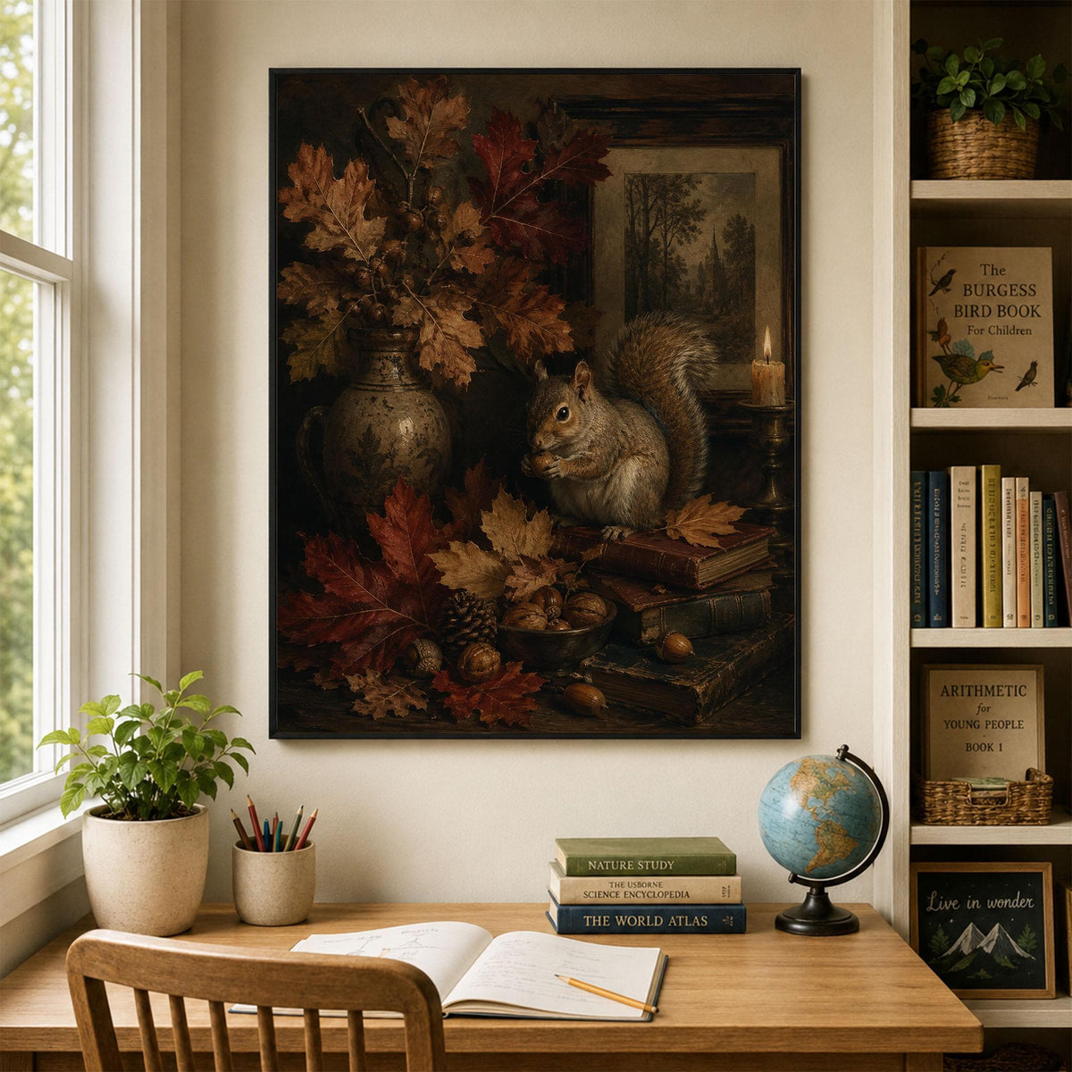 Dark Academia Squirrel Fall Wall Art Print, Autumn Vintage Library, Botanical, Home Decor