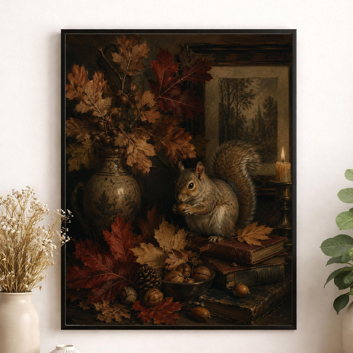 Dark Academia Squirrel Fall Wall Art Print, Autumn Vintage Library, Botanical, Home Decor