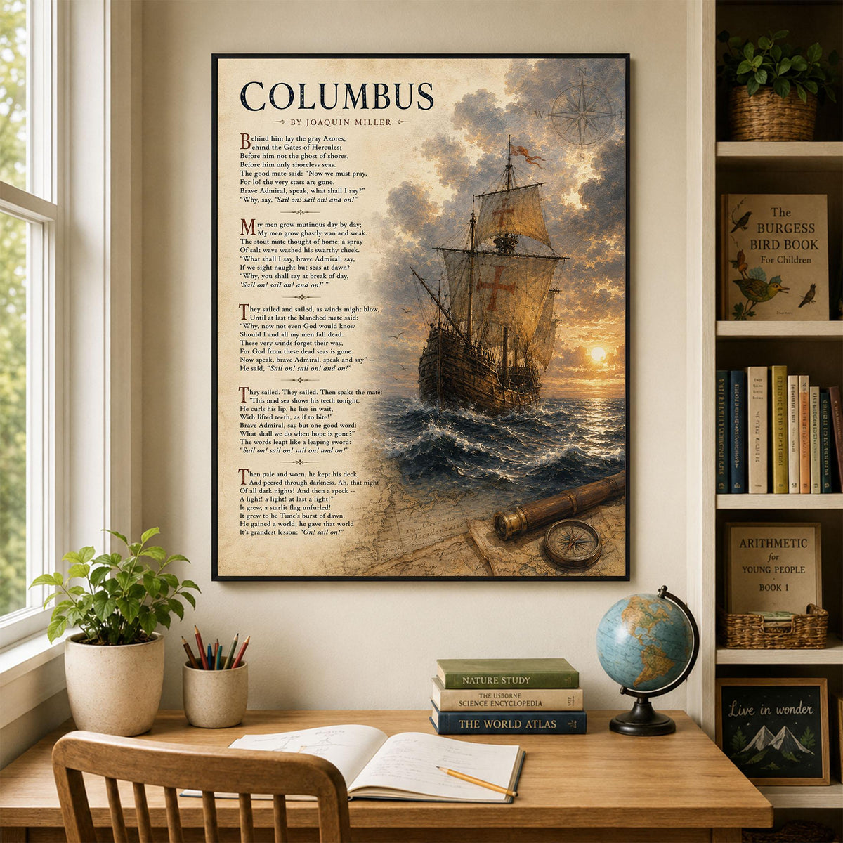 Columbus Poem Art Print by Joaquin Miller, Sail On Literary Wall Art, Christopher Columbus Ship Print, Nautical Poetry Decor